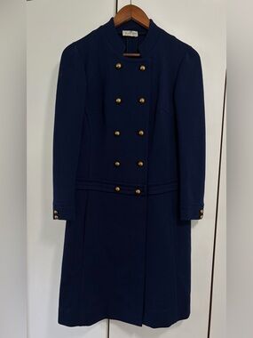 Vintage Butte Knit Navy Wool Coat Gold Buttons Military Midi Size Small Women